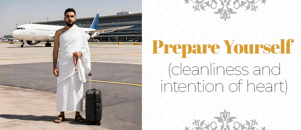 Pilgrim performing cleanliness rituals and preparing heart before wearing Ihram for Umrah or Hajj