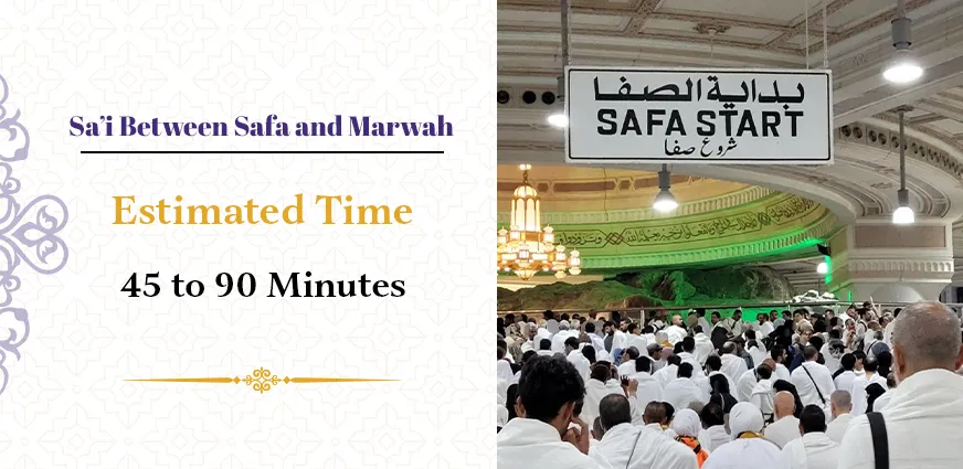 Pilgrims walking between Safa and Marwah to perform Sa’i during Umrah, taking about 45 to 90 minutes depending on pace