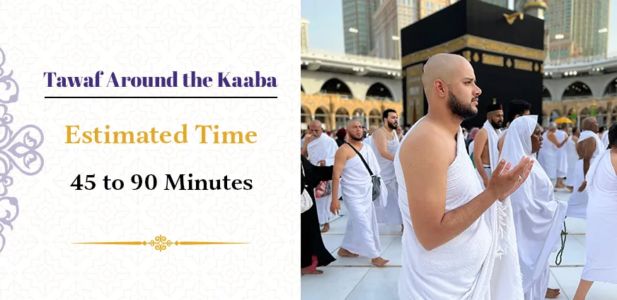 Pilgrims performing Tawaf around the Kaaba during Umrah, completing seven circuits in 45 to 90 minutes depending on crowd levels