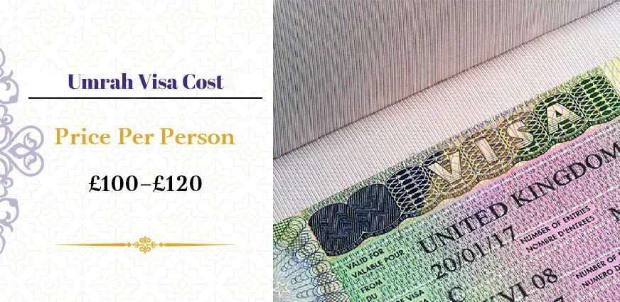 Umrah cost from UK visa fee graphic showing 2026 single-entry Umrah visa price range of £100 to £120 per person