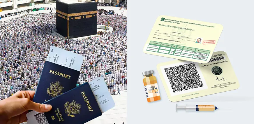 Essential travel documents for Umrah 2026 including passport, visa, flight tickets, hotel confirmations, and vaccination certificates