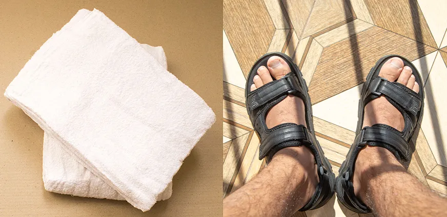 Essential items for men performing Umrah 2026 including Ihram clothing, sandals, unscented toiletries, and grooming tools