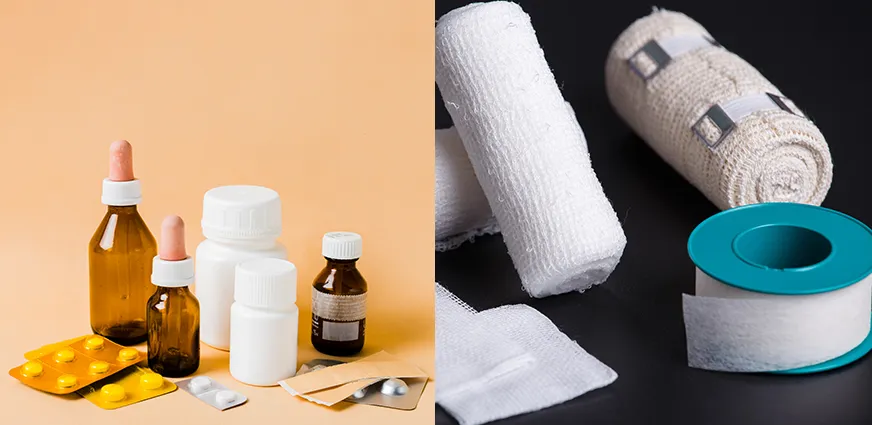 Health and medicine essentials for Umrah 2026 including personal medicine, pain relief tablets, band-aids, ORS sachets, cold medicine, and walking aids for elderly pilgrims