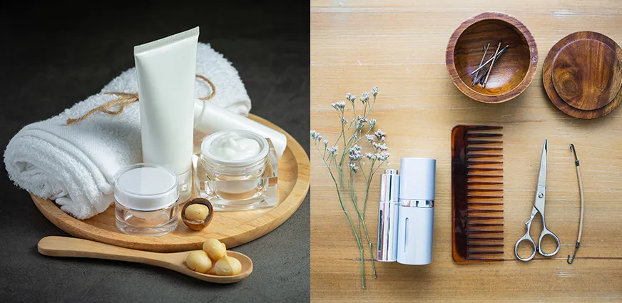 Essential personal care items for women performing Umrah 2026 including unscented sanitary products, moisturizer, lip balm, hair ties, and travel-sized toiletries