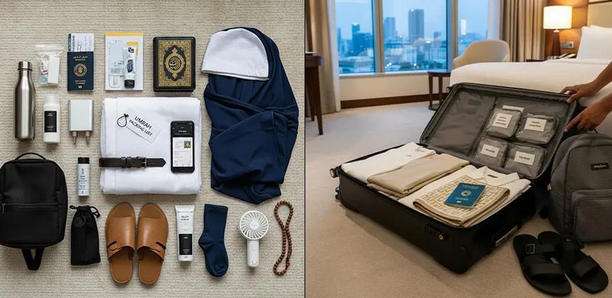 Essential travel items for Umrah 2026 including universal travel adapter, power bank, neck pillow, small backpack, and sunglasses for a comfortable journey